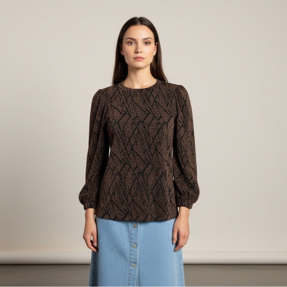 intro. Brown Printed Long Sleeve Blouse with Puff Sleeves